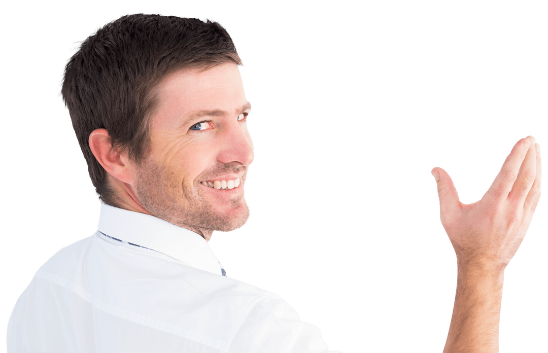 Transparent Businessman Smiling and Gesturing Upwards
