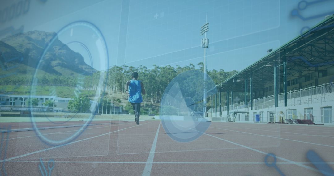 Athlete Running on Track with Digital Data Overlay