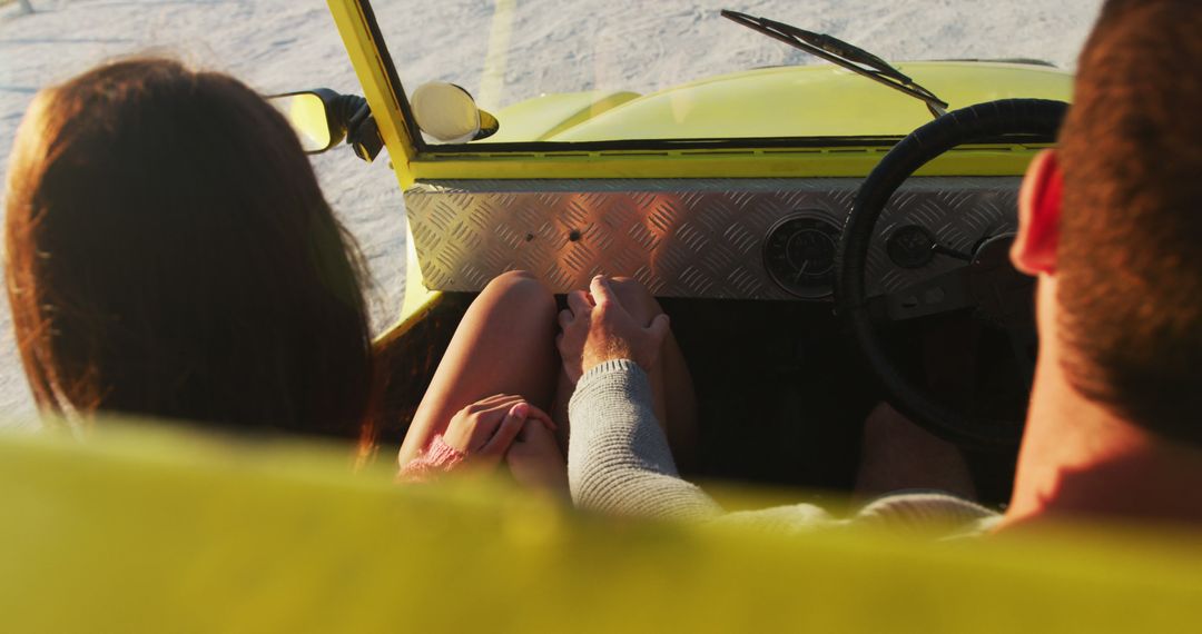 Romantic Drive in Yellow Beach Buggy Overlooking Sea