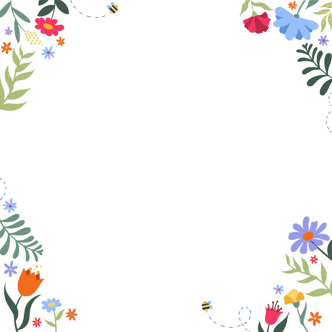 Vibrant Floral Frame on Transparent Background with Bees and Blossoms