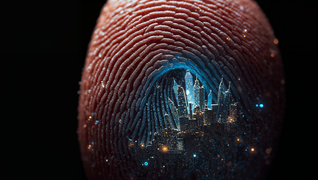 Fingertip Revealing Neon Cybercity Inside Biometric Whorl, Glowing Circuit Metropolis