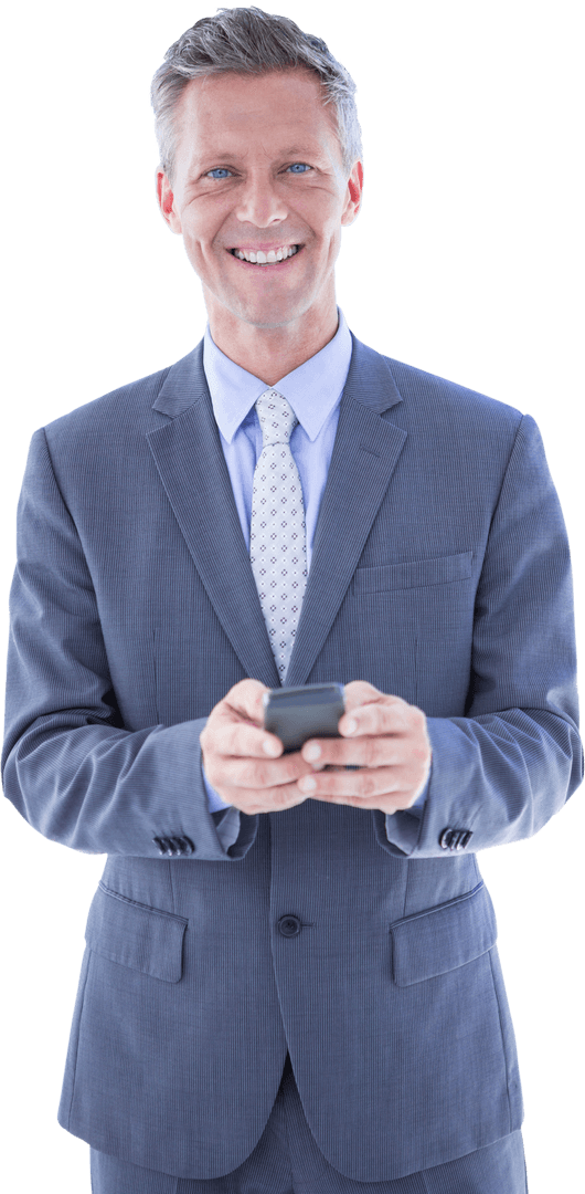 Transparent Background Businessman Smiling Holding Smartphone