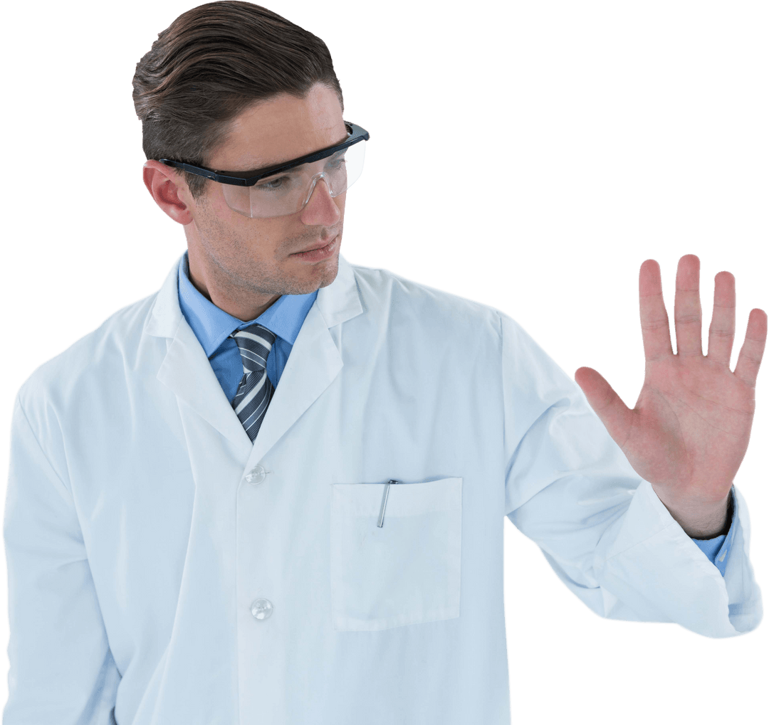 Male Doctor Touching Transparent Interface Technology Panel