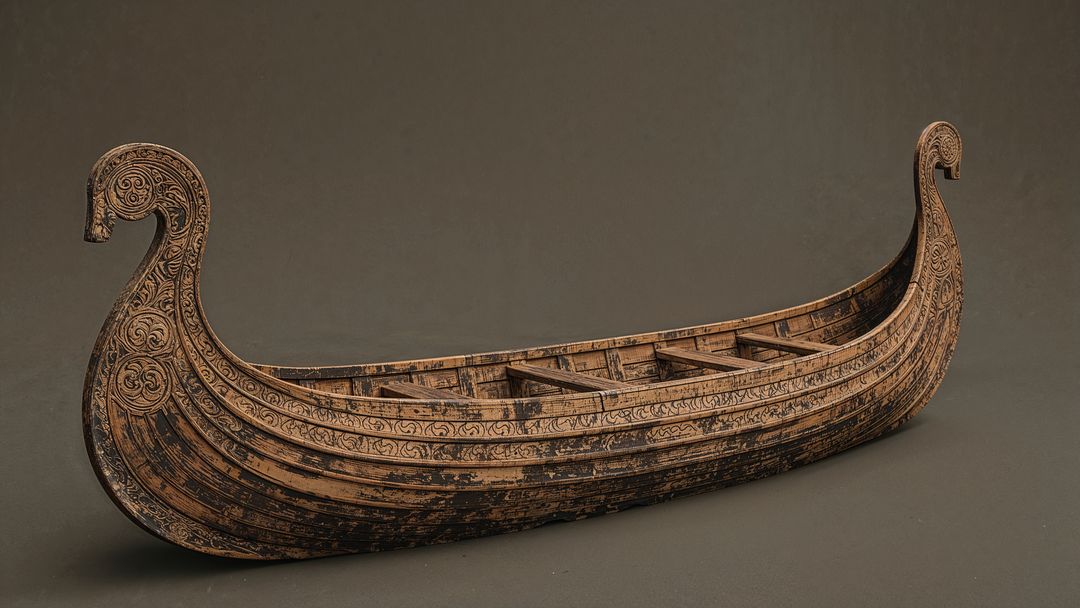 Intricately Carved Wooden Longship Model with Artistic Motifs