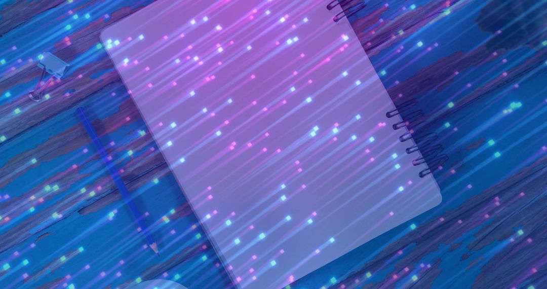 Abstract Workplace with Digital Light Streaks Over Notepad