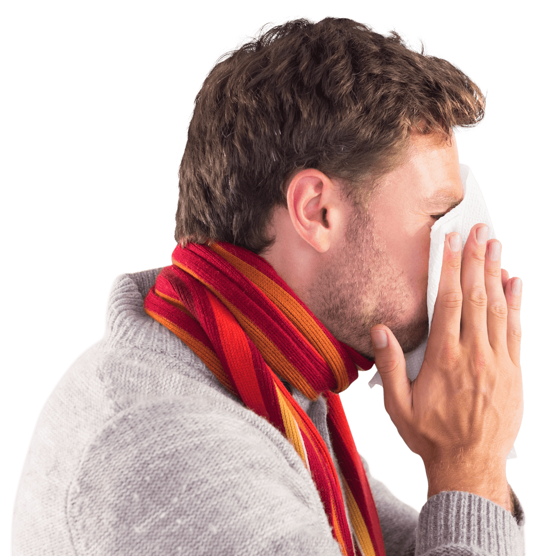 Man Blowing Nose with Tissue Wearing Red Scarf and Sweater Transparent Background