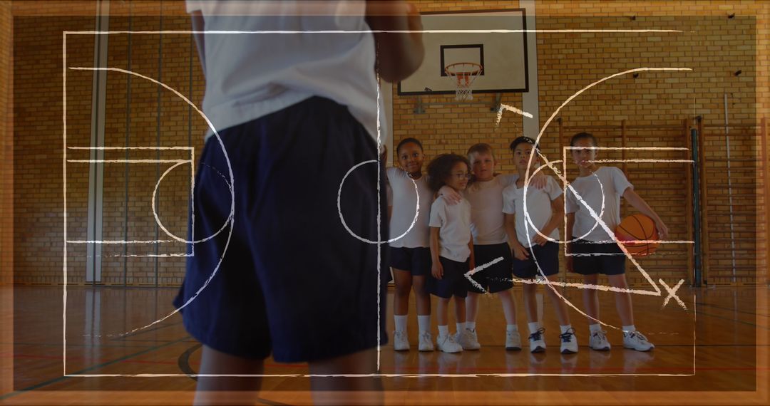 Young Children Practicing Basketball with Strategy Overlay