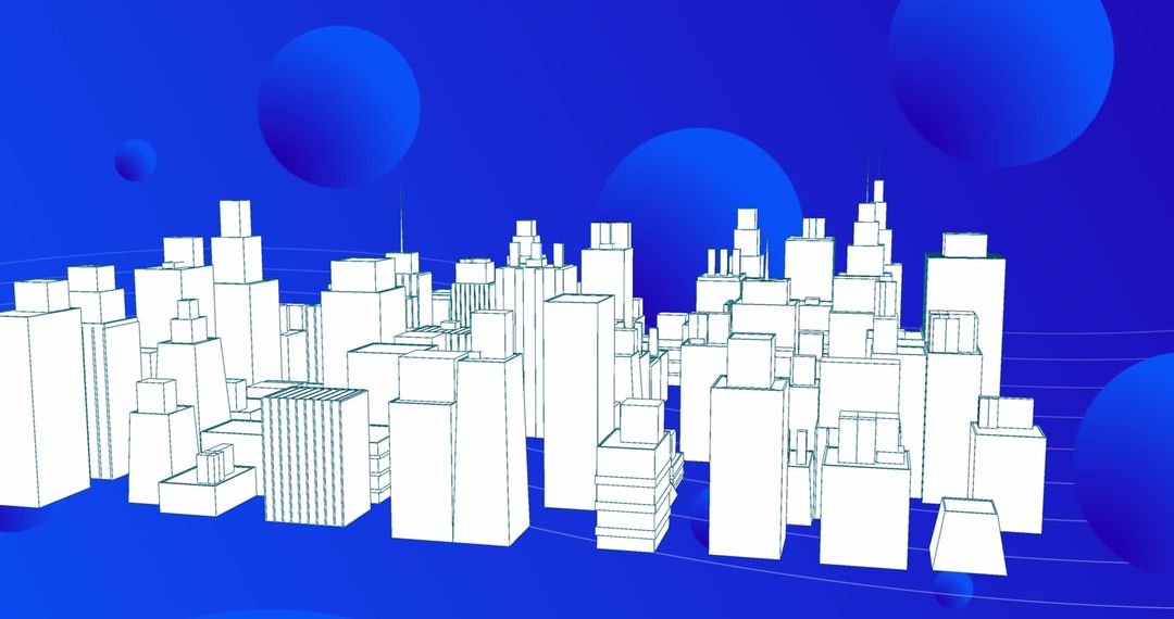 Digital Cityscape with Geometric Patterns on Blue Background