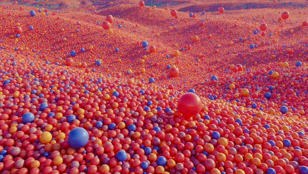 Surreal sea of glossy multicolor spheres forming rolling hills of red blue yellow