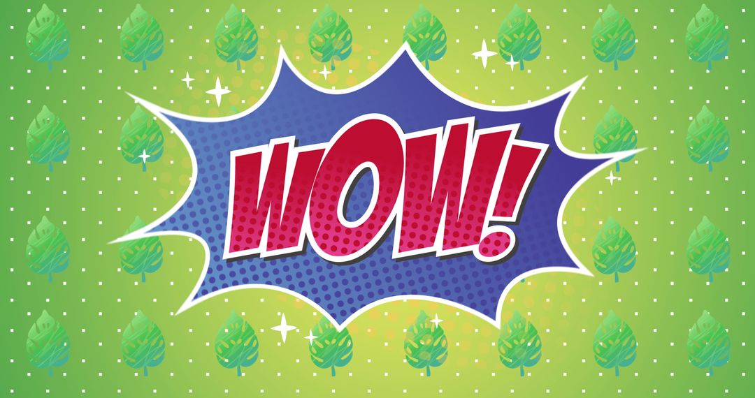 Comic Style WOW Text with Leaf Icons on Green Background