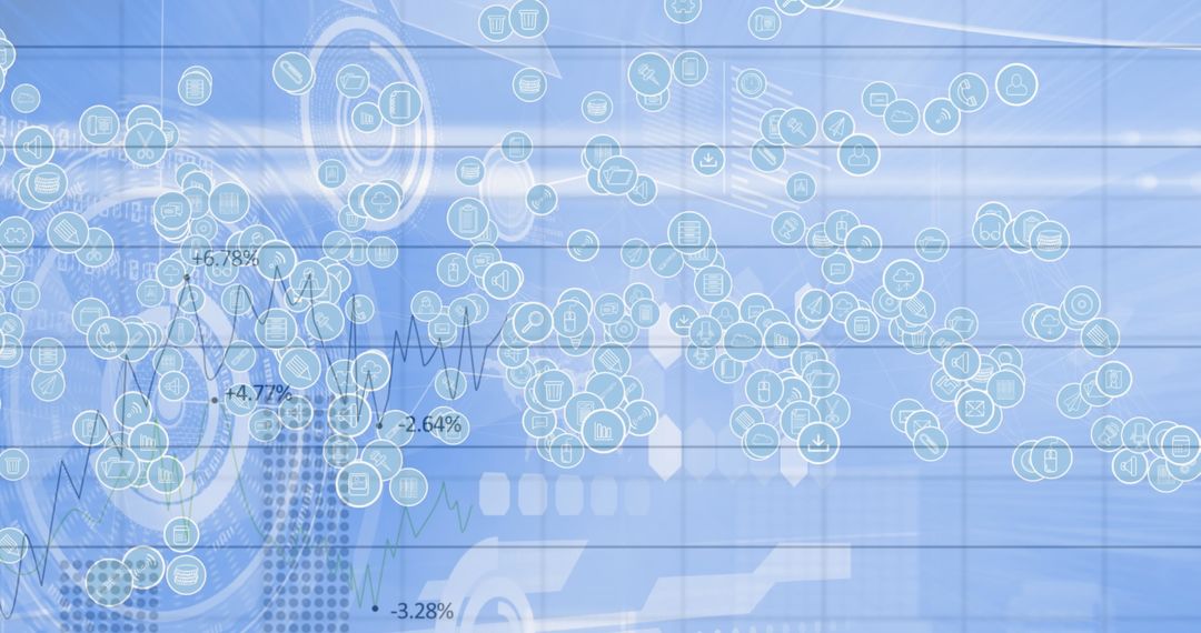 Futuristic Data Visualization with Digital Icons and Below Canvas Displays Metrics