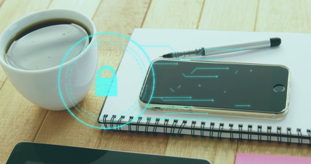 Digital Technology and Cybersecurity with Smartphone and Coffee Cup