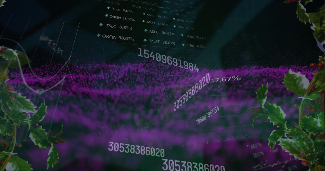 Purple Digital Wave with Stock Market Data and Green Leaves