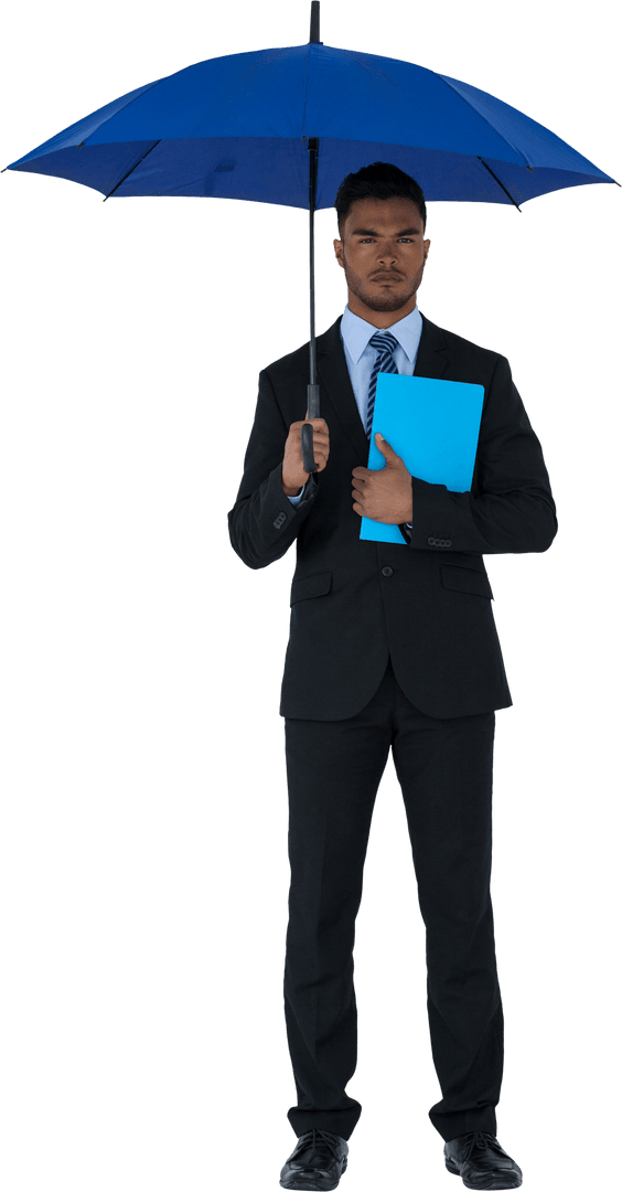 Serious Businessman Holding Blue Umbrella and File Transparent Background