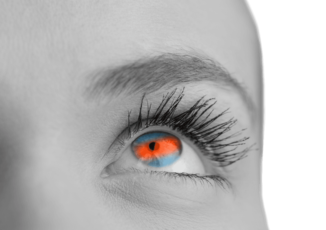 Close-Up of Eye with Vibrant Blue and Orange Iris on Transparent Background