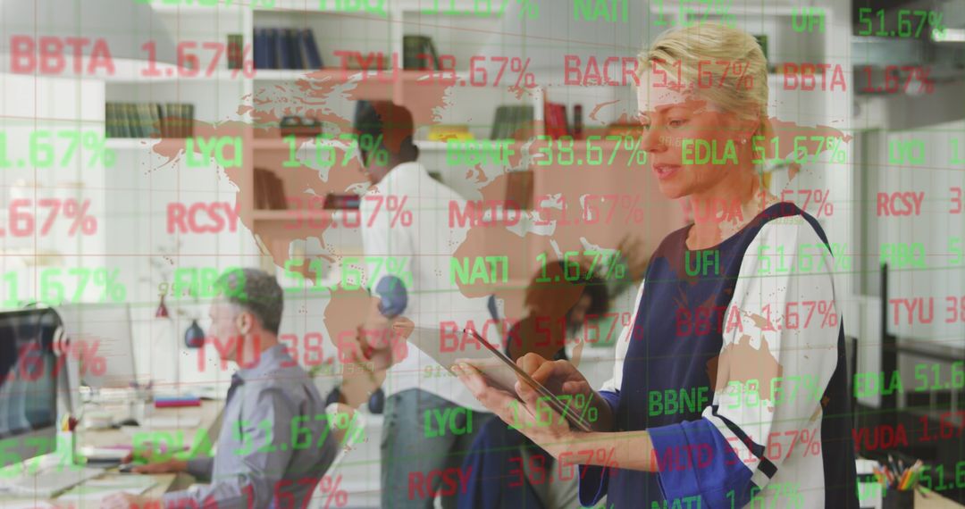 Global Businesswoman Analyzing Stock Market Data on Tablet