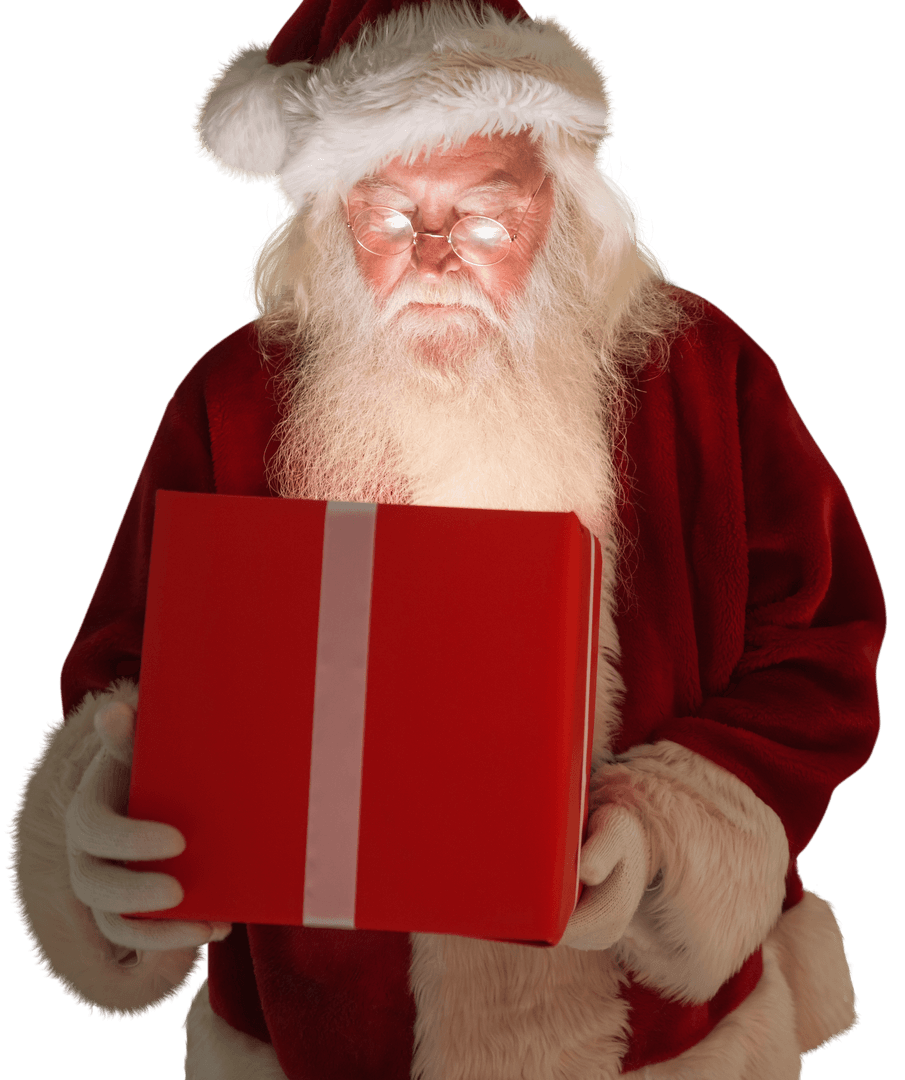 Santa Astonished by Glowing Gift on Transparent Background