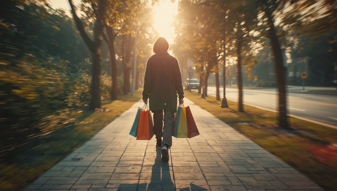 Solo Shopper Strolling with Colorful Bags on Sunny Urban Path