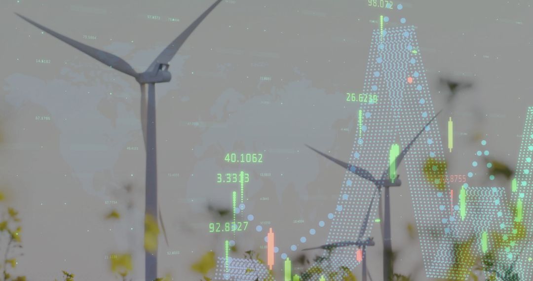 Wind Turbines with Financial Data Overlay Symbolizing Renewable Energy Investment