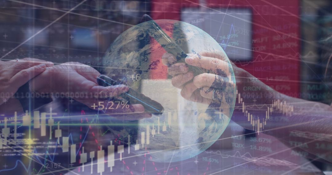 Professionals Collaborating on Global Stock Trends Overlaid with Tech Hub
