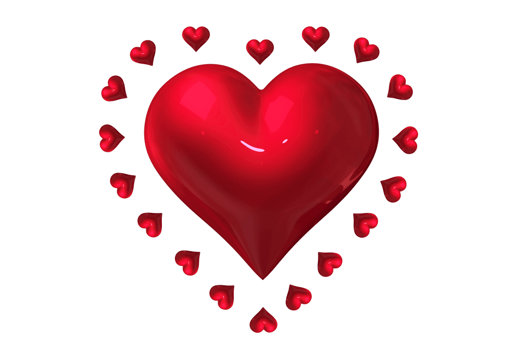 Shiny Red Heart Surrounded by Smaller Hearts on Transparent Background