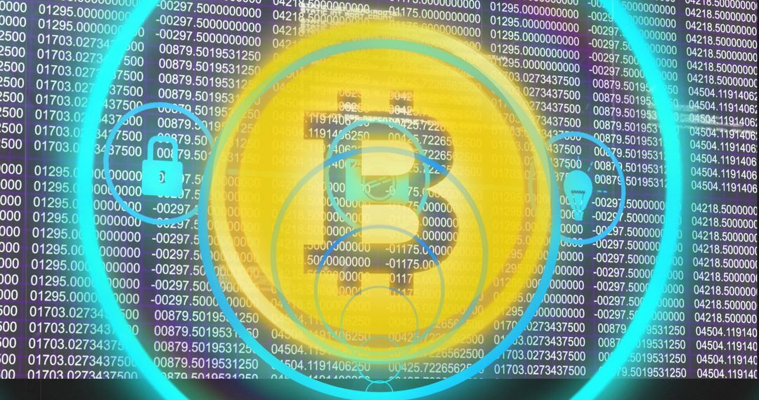 Digital Bitcoin Emblem with Data Processing Background