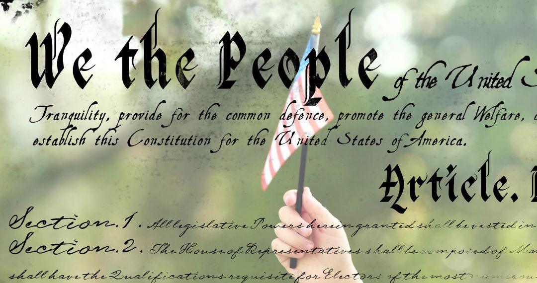 Child Holding US Flag with Constitution Text Overlay