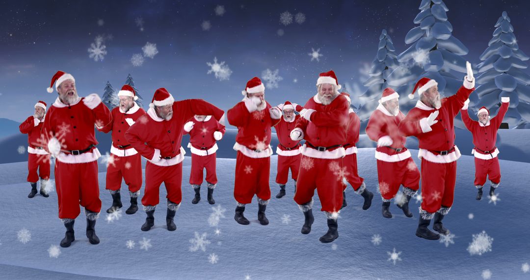 Group of Santa Clauses Dancing in Snow-Covered Winter Wonderland - Free Images, Stock Photos and Pictures on Pikwizard.com