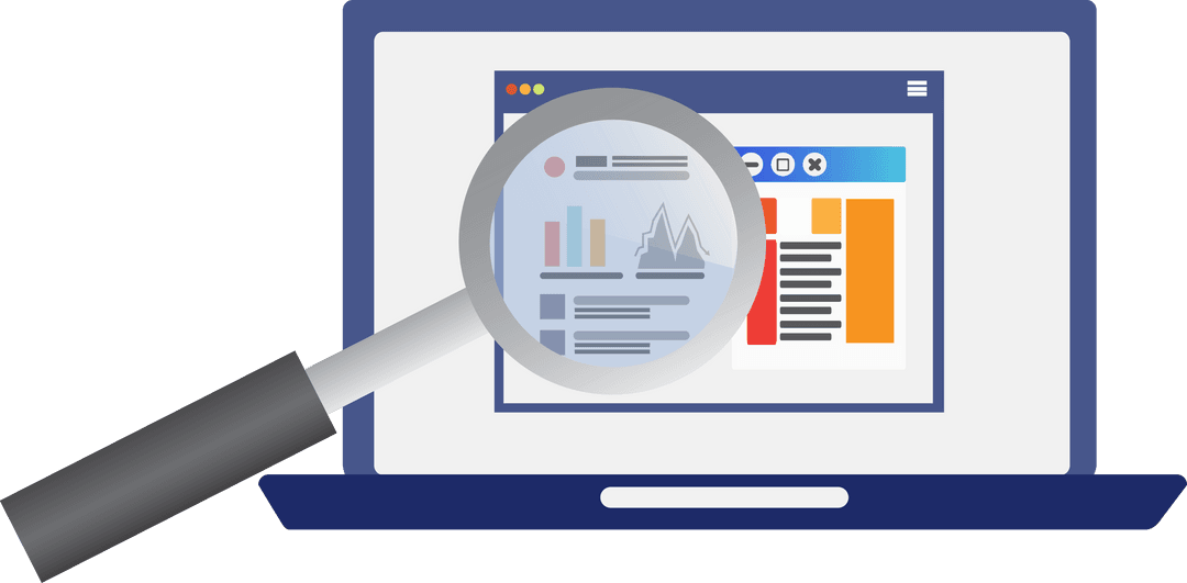 Digital Laptop Screen with Magnifying Glass on Transparent Background