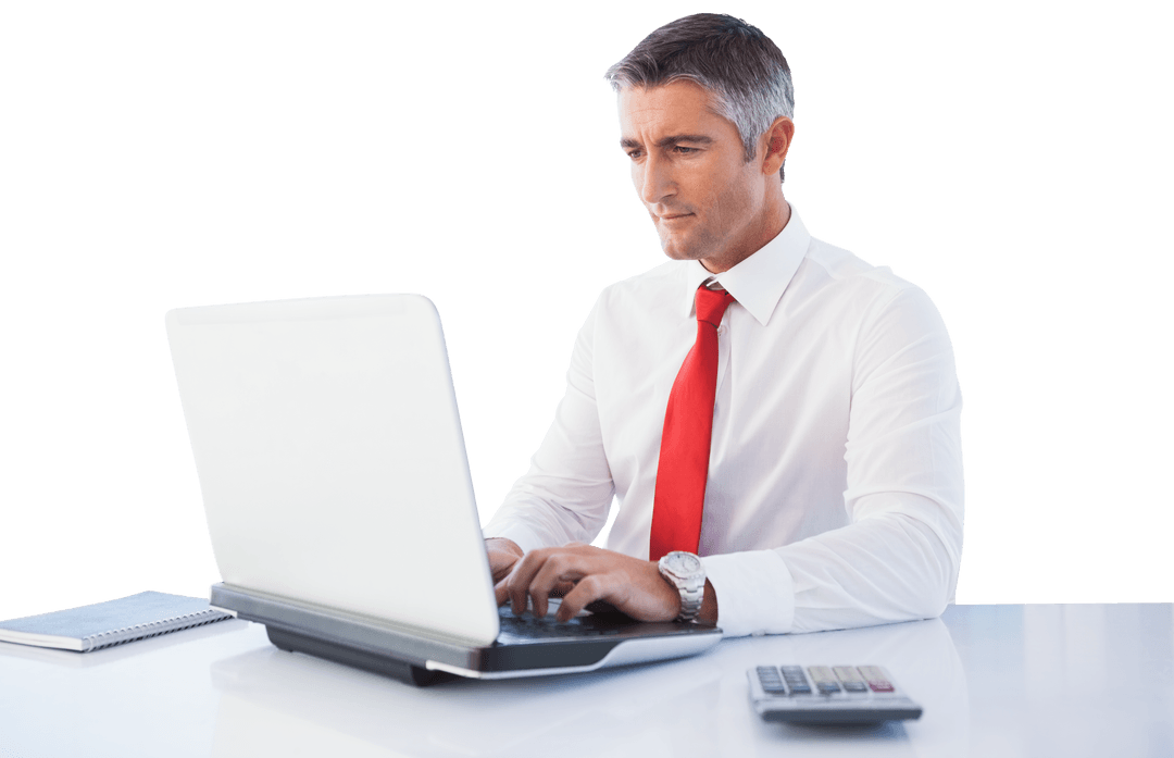 Caucasian Businessman Typing on Laptop on Transparent Background