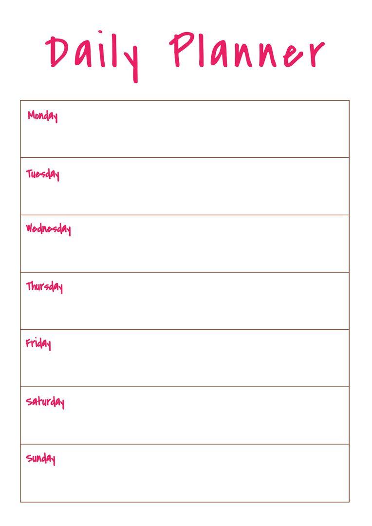 Minimalist Daily Planner with Bright Pink Headers for Each Weekday - Download Free Stock Templates Pikwizard.com