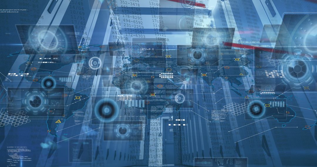 Digital Interfaces Mapping Global Data Over Transparent Server Projection - Free Images, Stock Photos and Pictures on Pikwizard.com