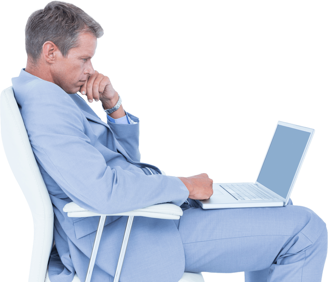 Businessman in Blue Suit Using Laptop on Transparent Background