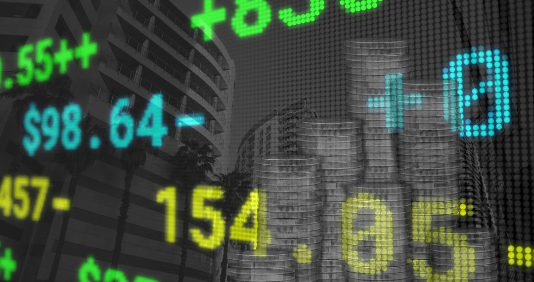 Digital Finance Data Over Cityscape with Stacked Coins