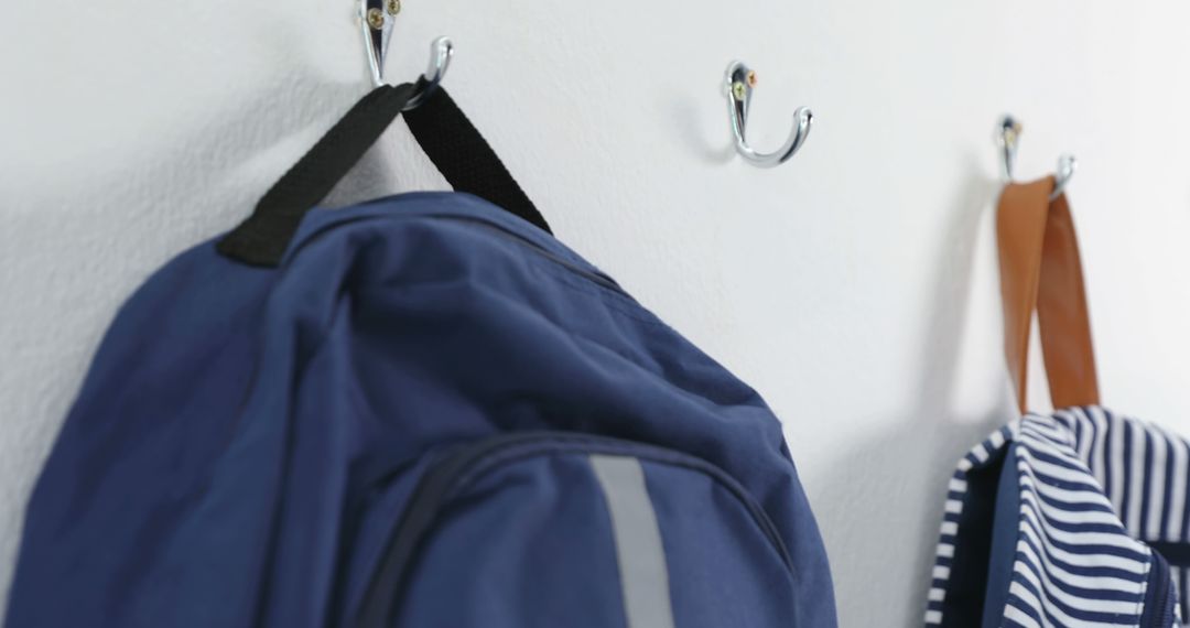 Organized Backpacks on Wall Hooks in Home or School