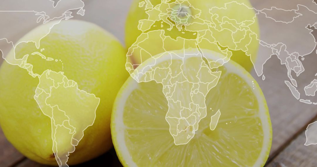 Fresh Lemons with World Map Overlay on Rustic Wooden Surface