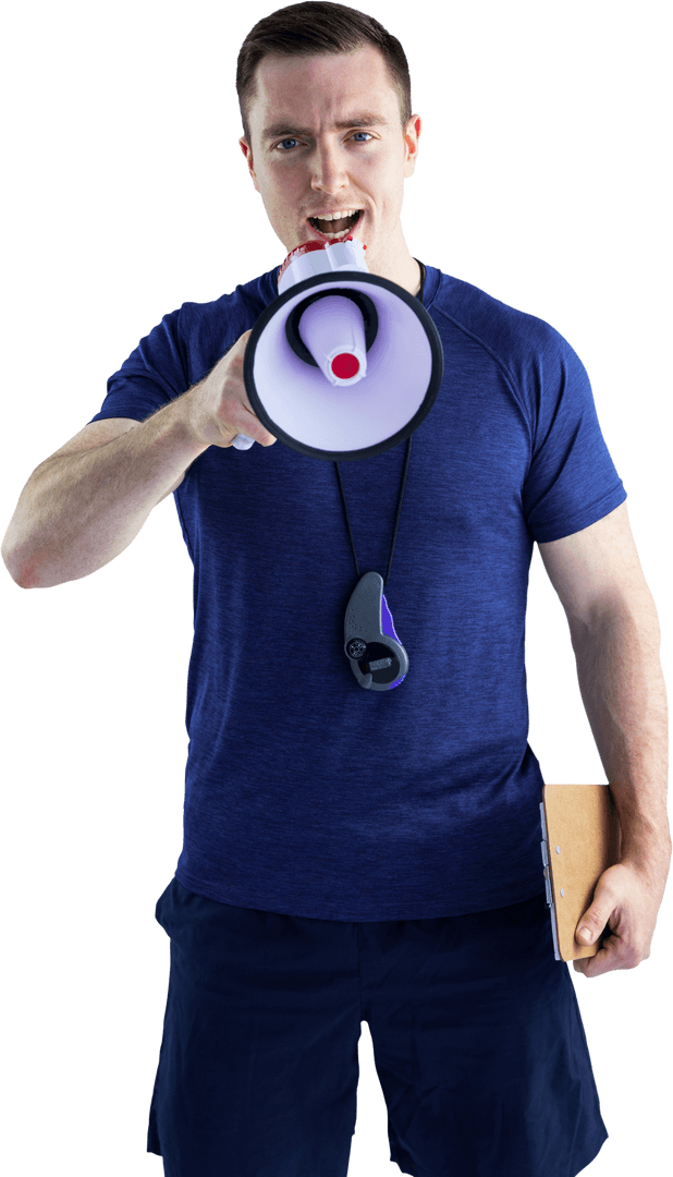Energetic Coach Shouting Instructions Through Transparent Megaphone