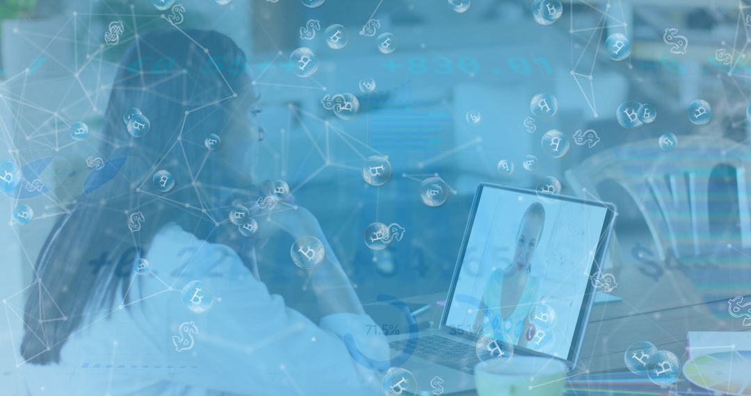 Businesswoman on Video Call with Cryptocurrency Interface Overlay