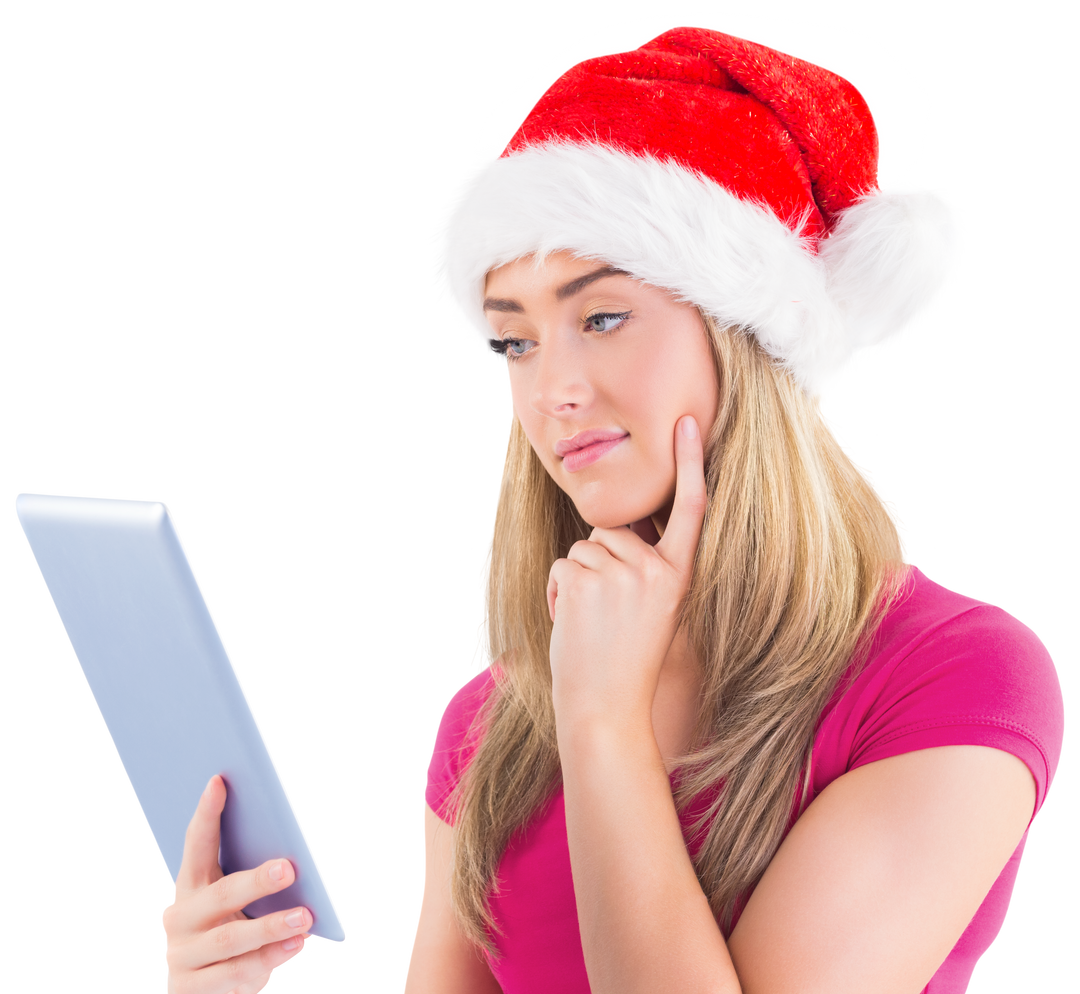 Transparent Image of Festive Blonde Exploring Tablet and Wearing Santa Hat - Download Free Stock Images Pikwizard.com