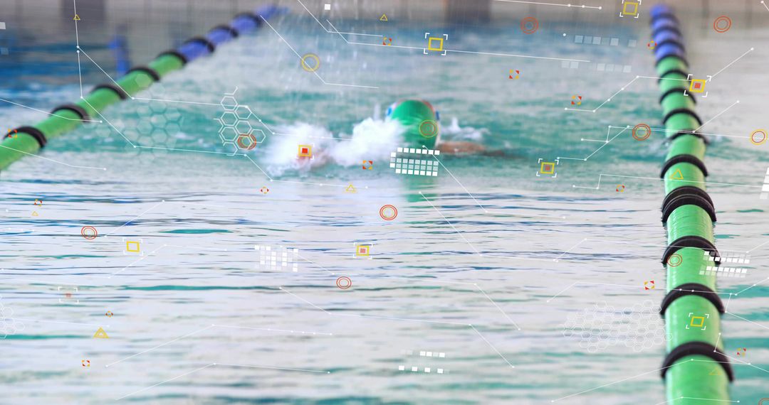 Competitive swimmer powering through lane with green cap, water splash and analytics overlay