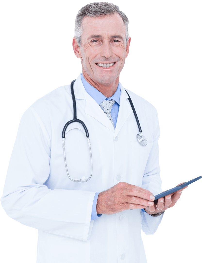 Smiling Mature Doctor Using Digital Tablet on Transparent Background