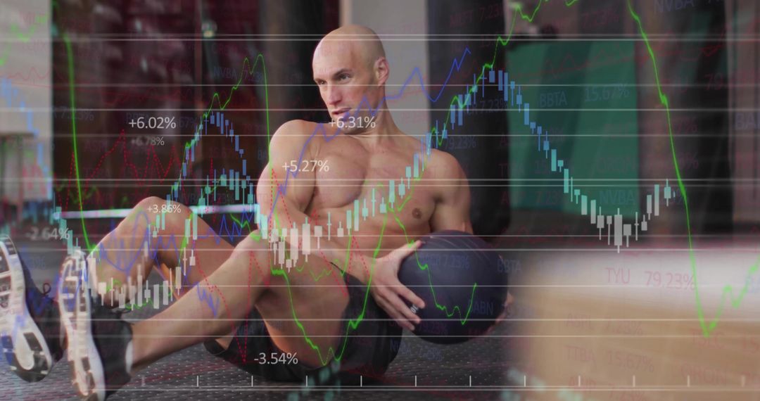 Athletic Man Training with Stock Market Data Overlay in Gym