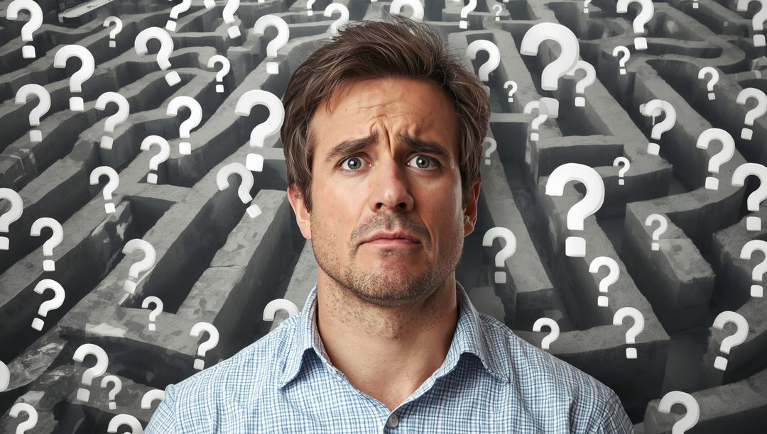 Confused Man Contemplating Complex Maze of Thoughts