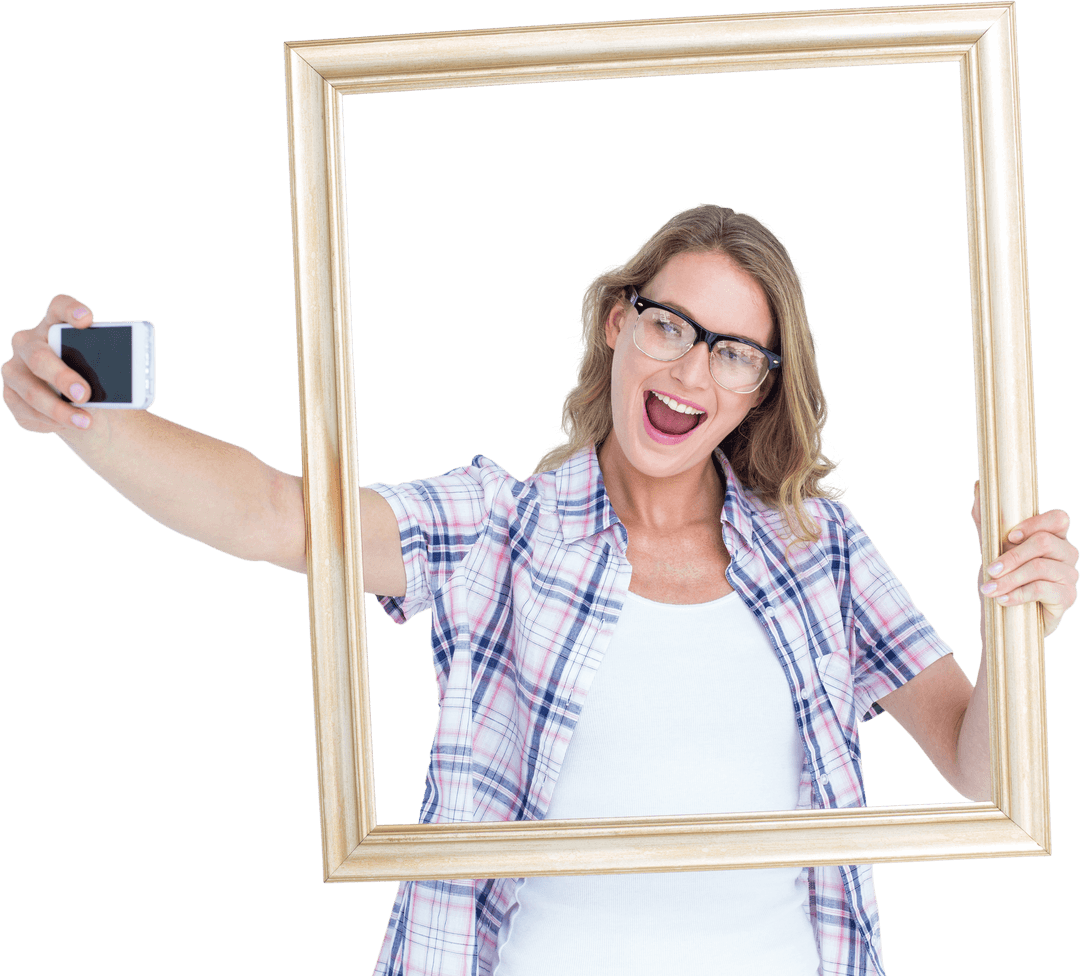 Transparent Hipster Woman Taking Fun Selfie with Frame