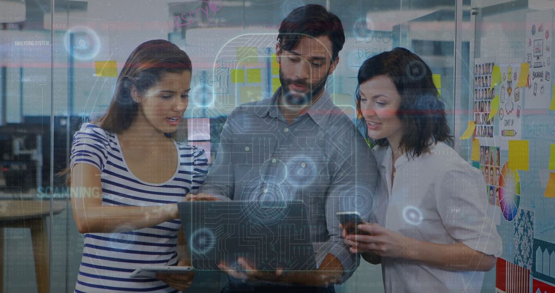 Coworkers Discussing Digital Security with High-Tech Overlay