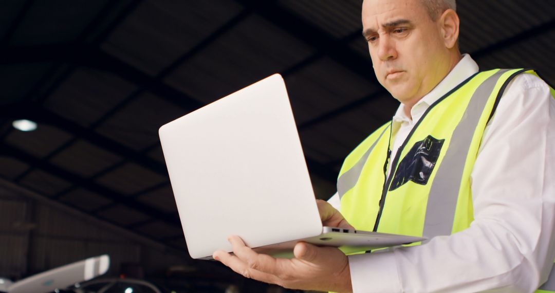 Industrial Worker Using Laptop in Warehouse - Free Images, Stock Photos and Pictures on Pikwizard.com