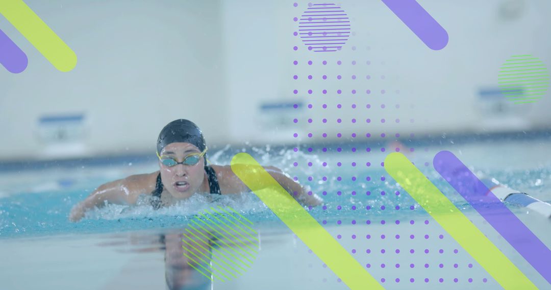 Dynamic Butterfly Stroke Swimmer in Pool with Colorful Overlays