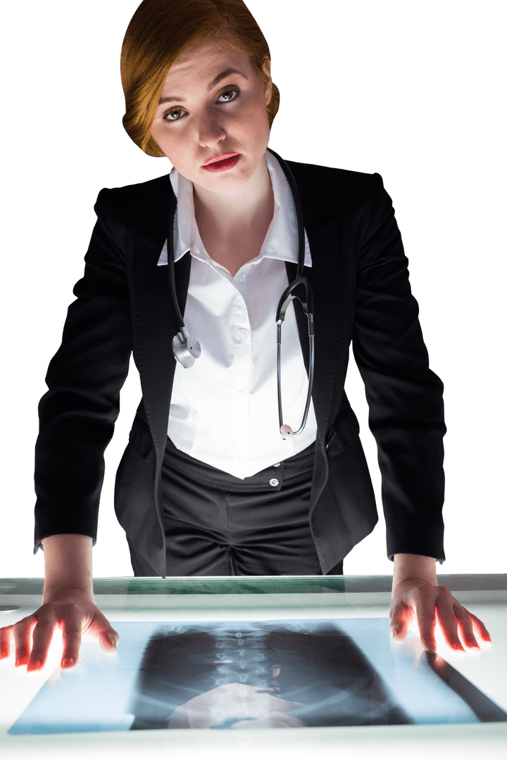 Confident Female Doctor Analyzing X-ray on Transparent Background