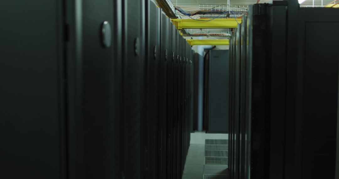 Long Row of Black Servers in Contemporary Data Center