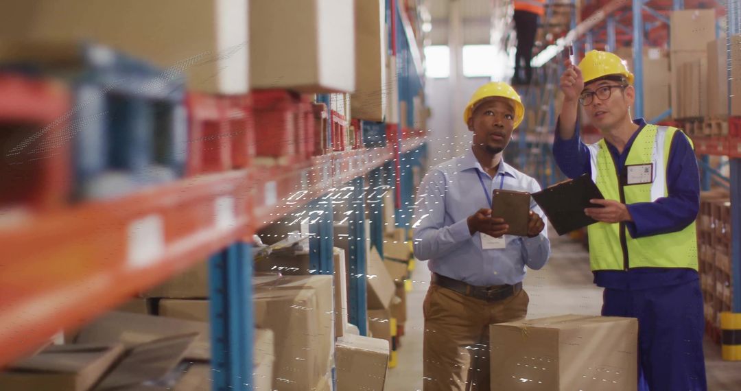 Warehouse Workers Scanning Inventory on Aisle with Gear
